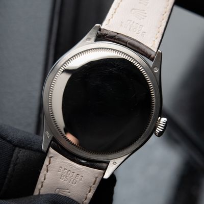 Rolex Cellini Dual Time White Gold Black Guilloche Dial Leather
