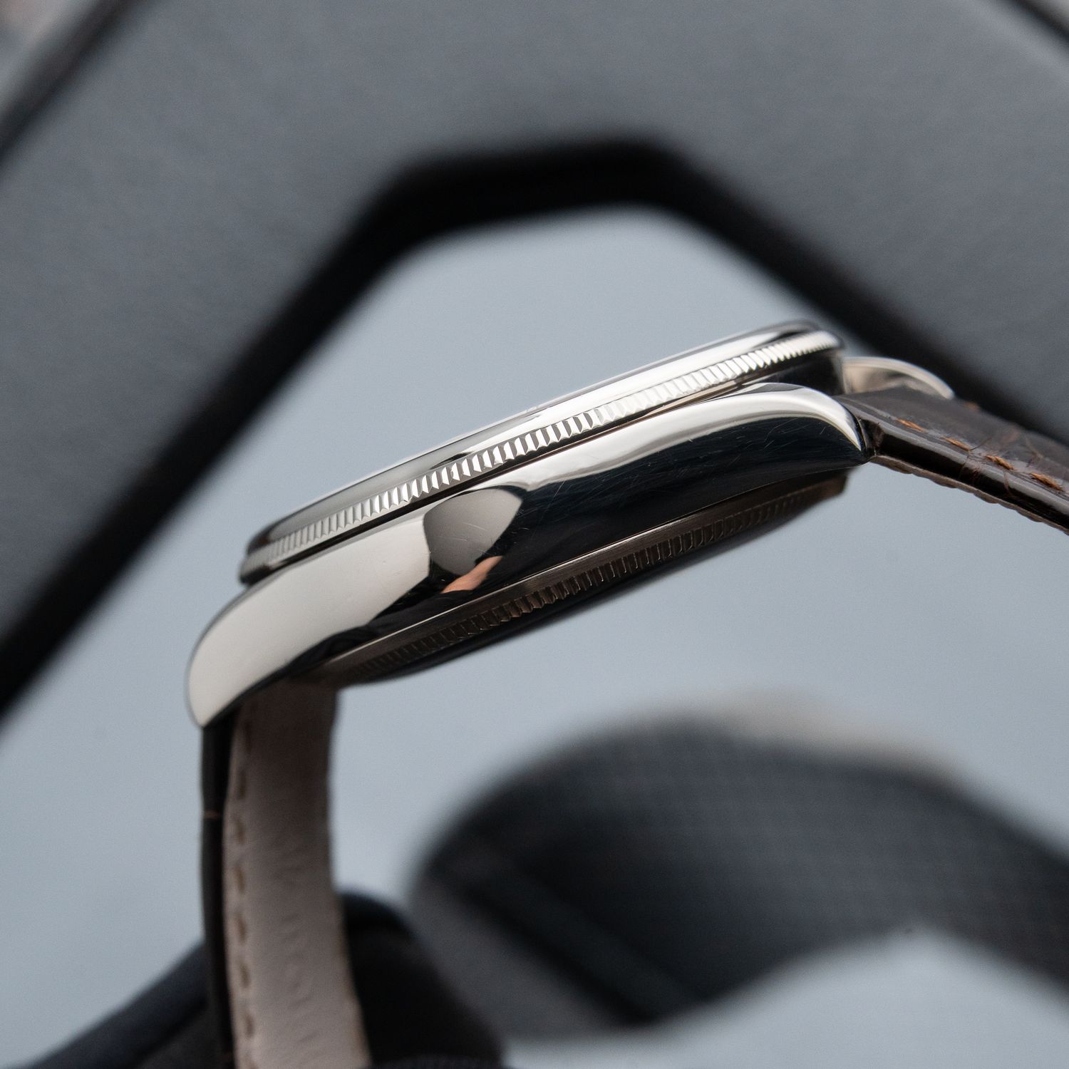 Rolex Cellini Dual Time White Gold Black Guilloche Dial Leather