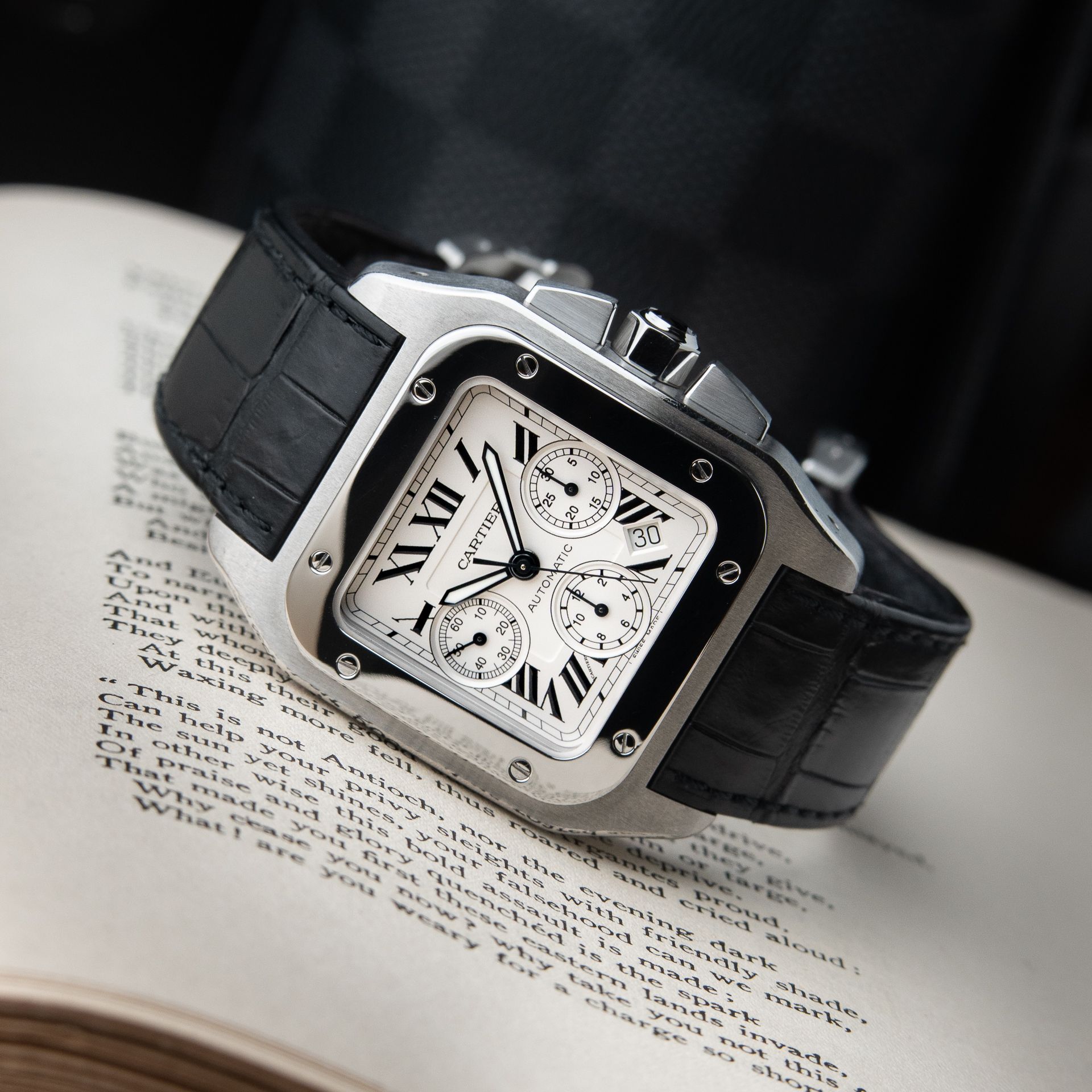 Cartier Santos 100 XL Chronograph Steel Date White Black Leather 2740 41mm