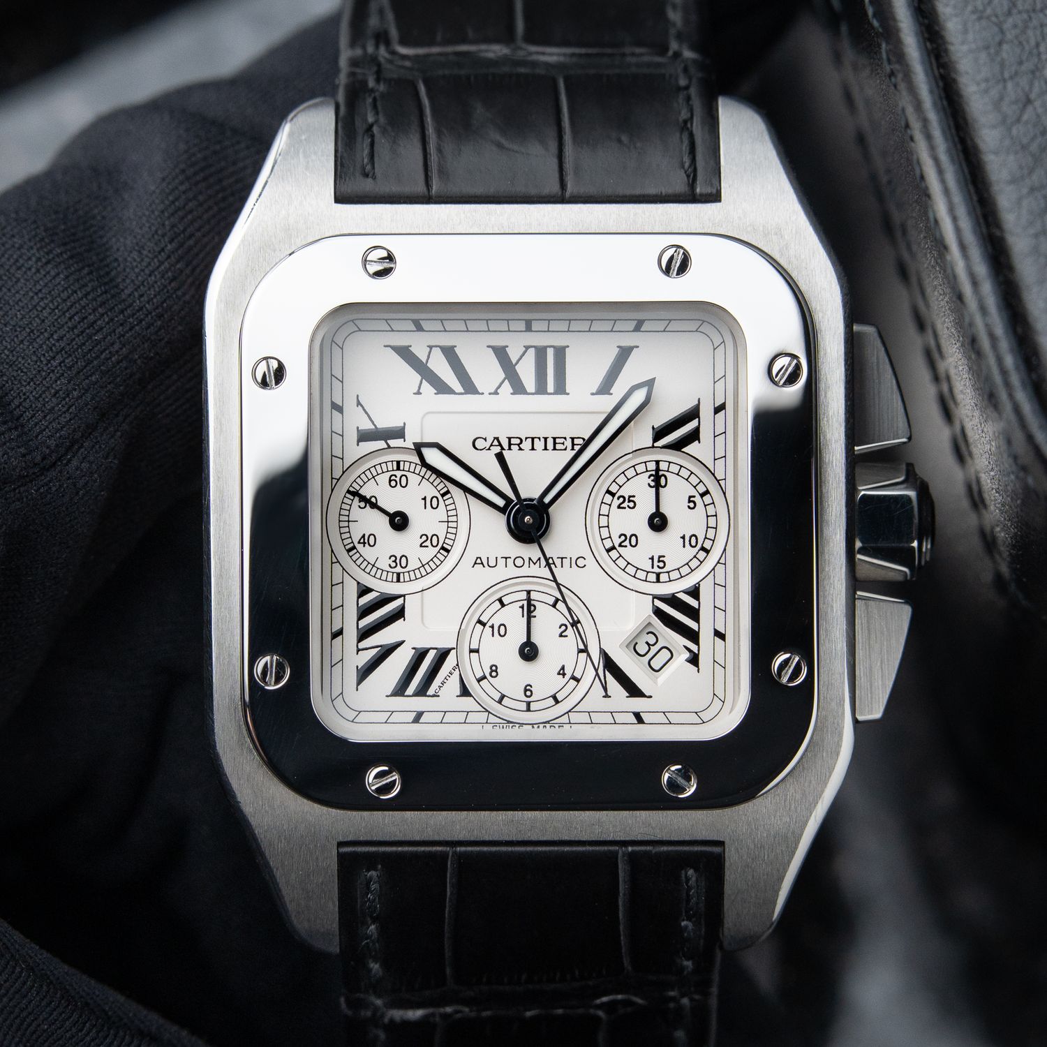 Cartier Santos 100 XL Chronograph Steel Date White Black Leather 2740 41mm