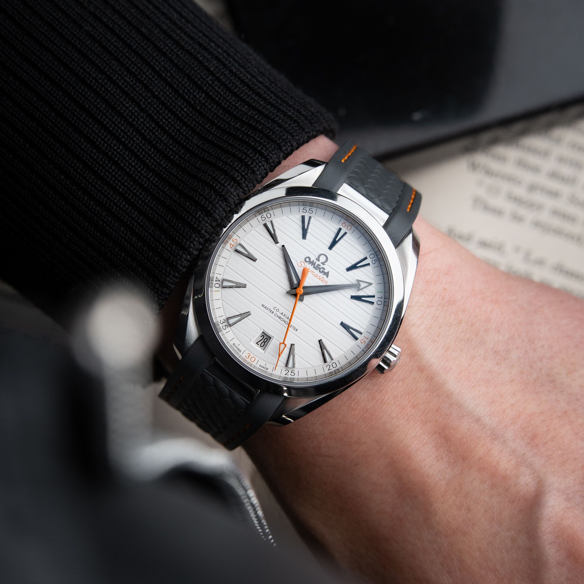 Omega Seamaster Aqua Terra 150M White Dial Orange Accents Grey Strap Steel