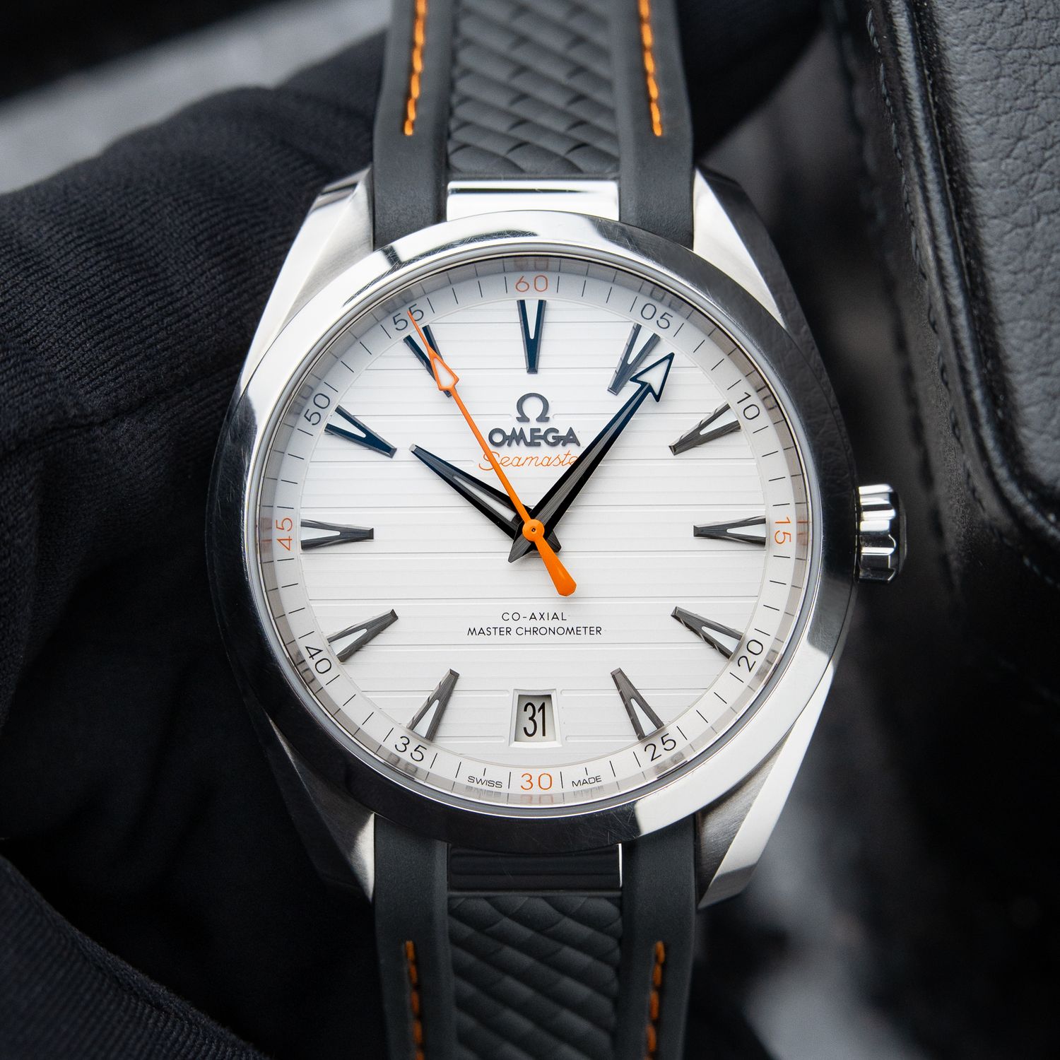 Omega Seamaster Aqua Terra 150M White Dial Orange Accents Grey Strap Steel