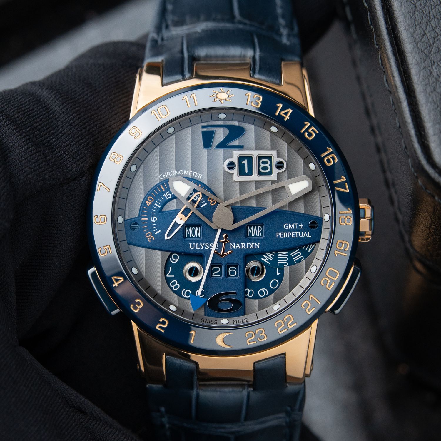 Ulysse Nardin El Toro Perpetual Calendar GMT Gray Blue Ceramic Rose Gold