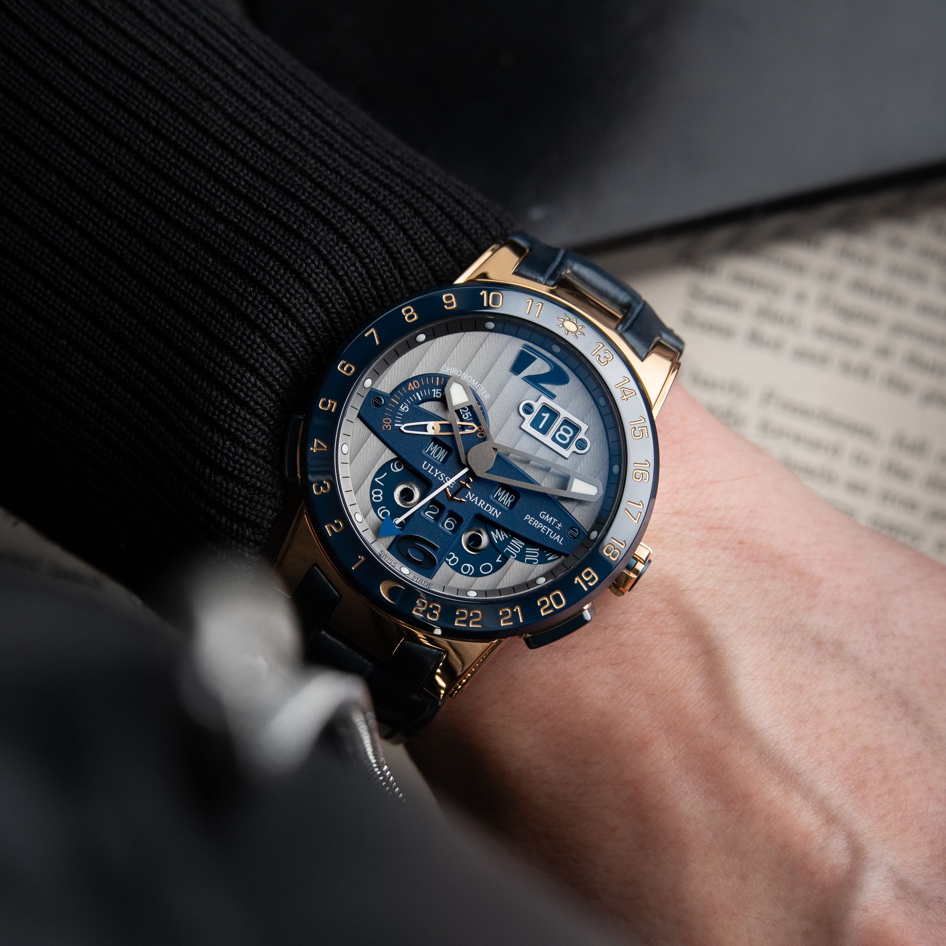 Ulysse Nardin El Toro Perpetual Calendar GMT Gray Blue Ceramic Rose Gold