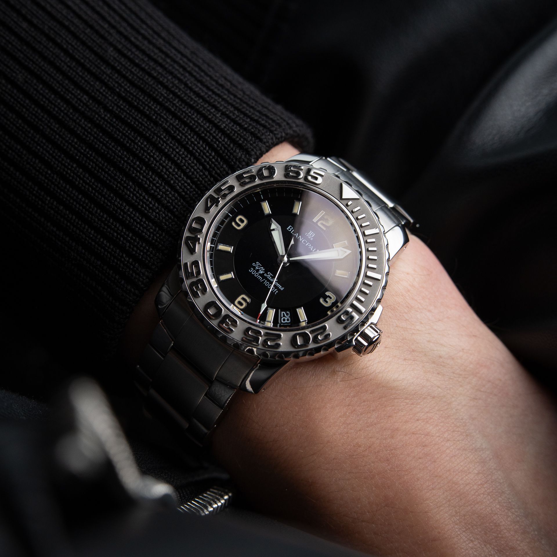 Blancpain Fifty Fathoms Diver Divers Trilogy Black Steel Bracelet Bezel 40