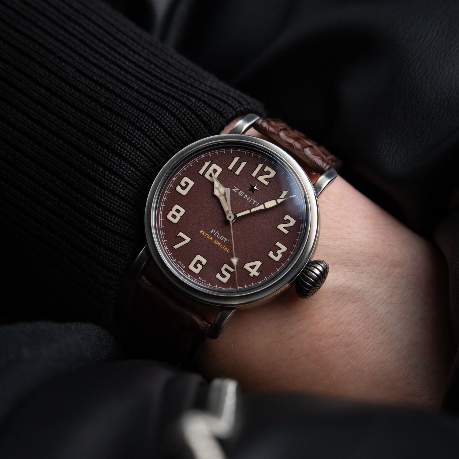 ダークブラウン60 Zenith Pilot Type 20 Limited Edition RARE Burgundy Steel Leather