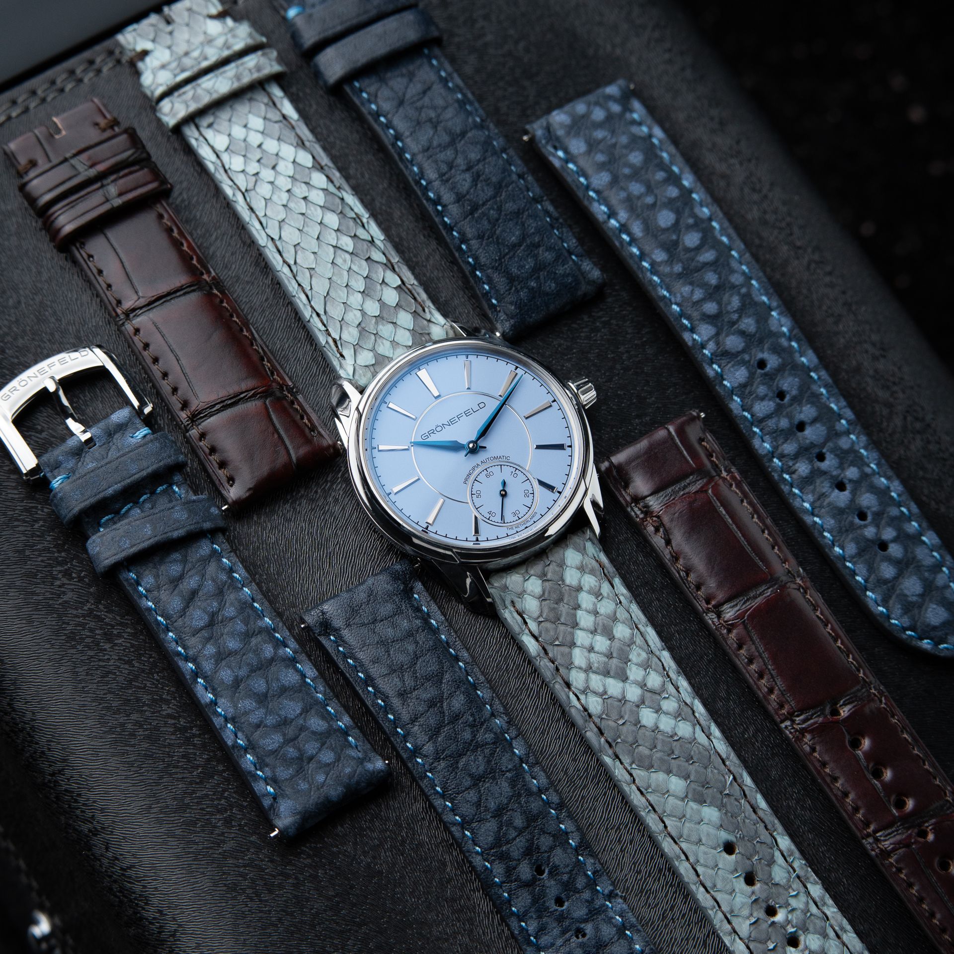 Gronefeld 1941 Principia Automatic RARE Light Blue Dial Steel Leather 39.5