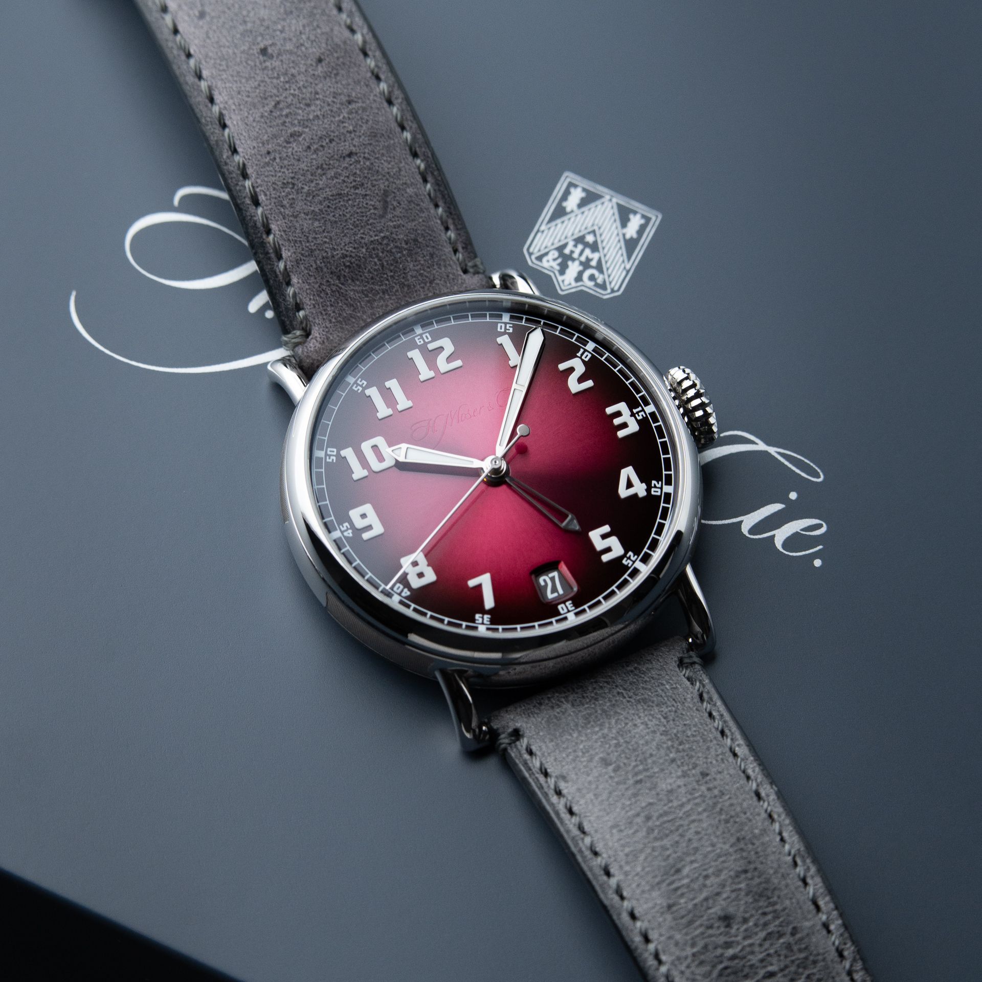 H.Moser & Cie. Heritage Dual Time CLEAN 10/2025 Burgundy Fume Dial Date 42