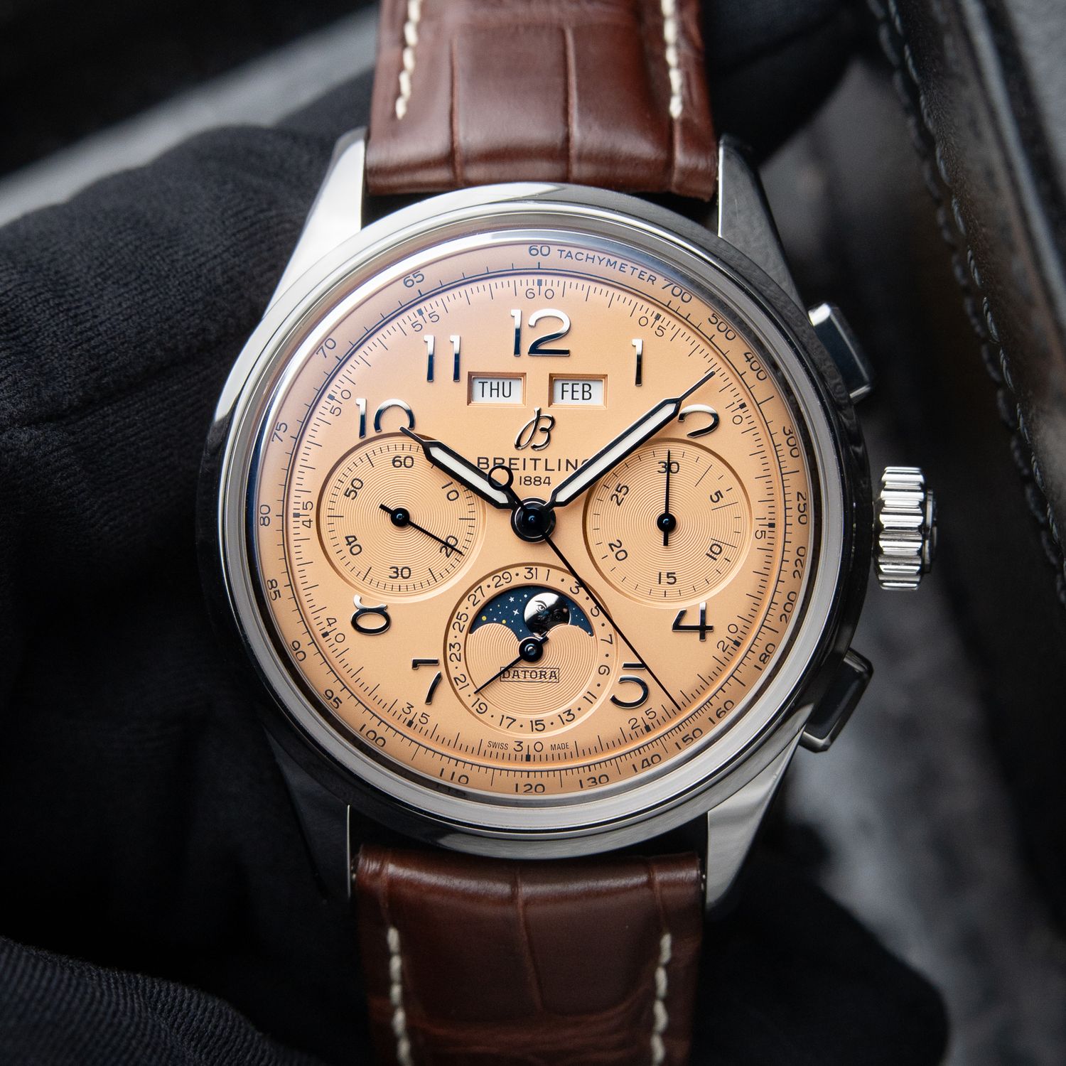 Breitling Premier B25 Datora Moonphase Annual Calendar Chronograph Salmon