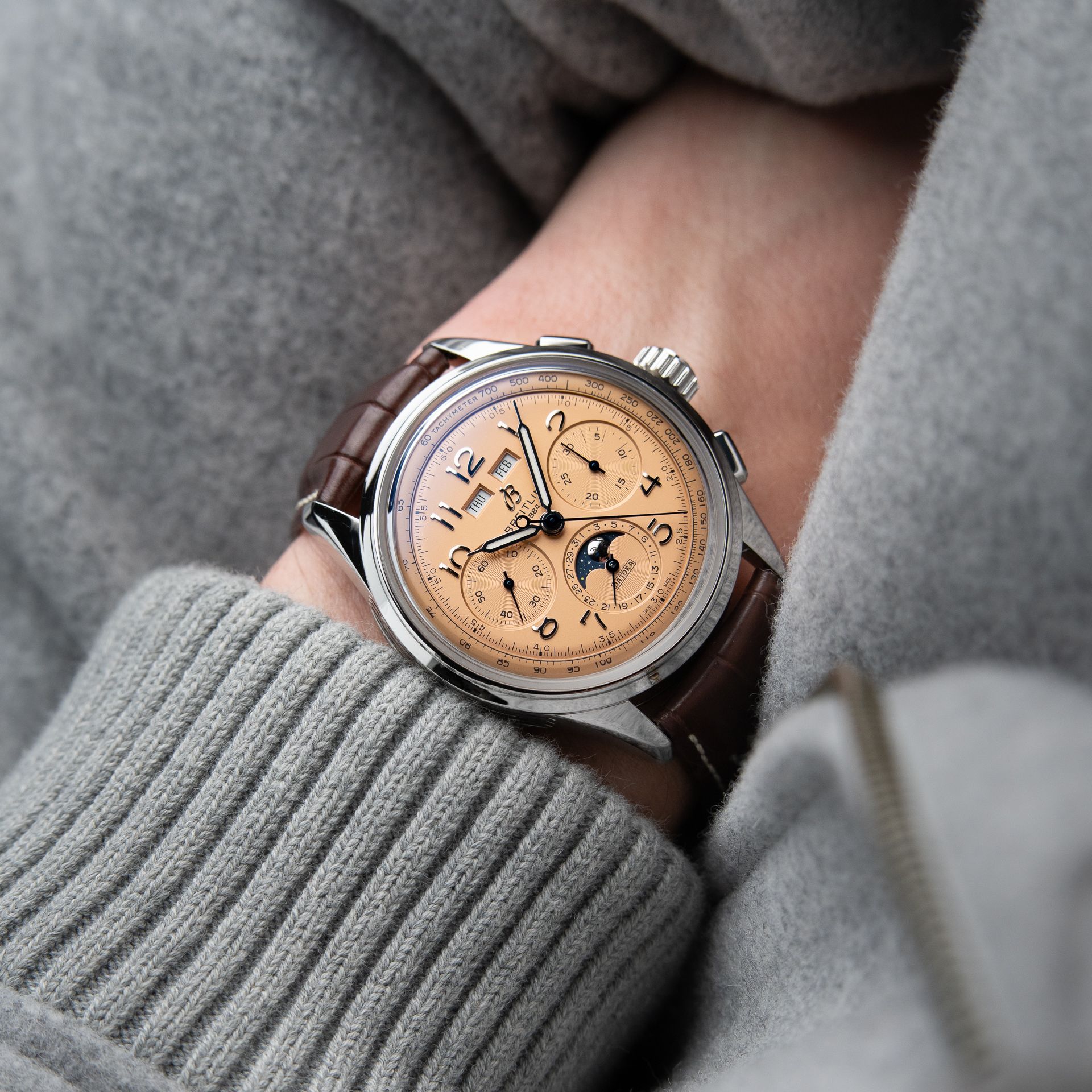 Breitling Premier B25 Datora Moonphase Annual Calendar Chronograph Salmon