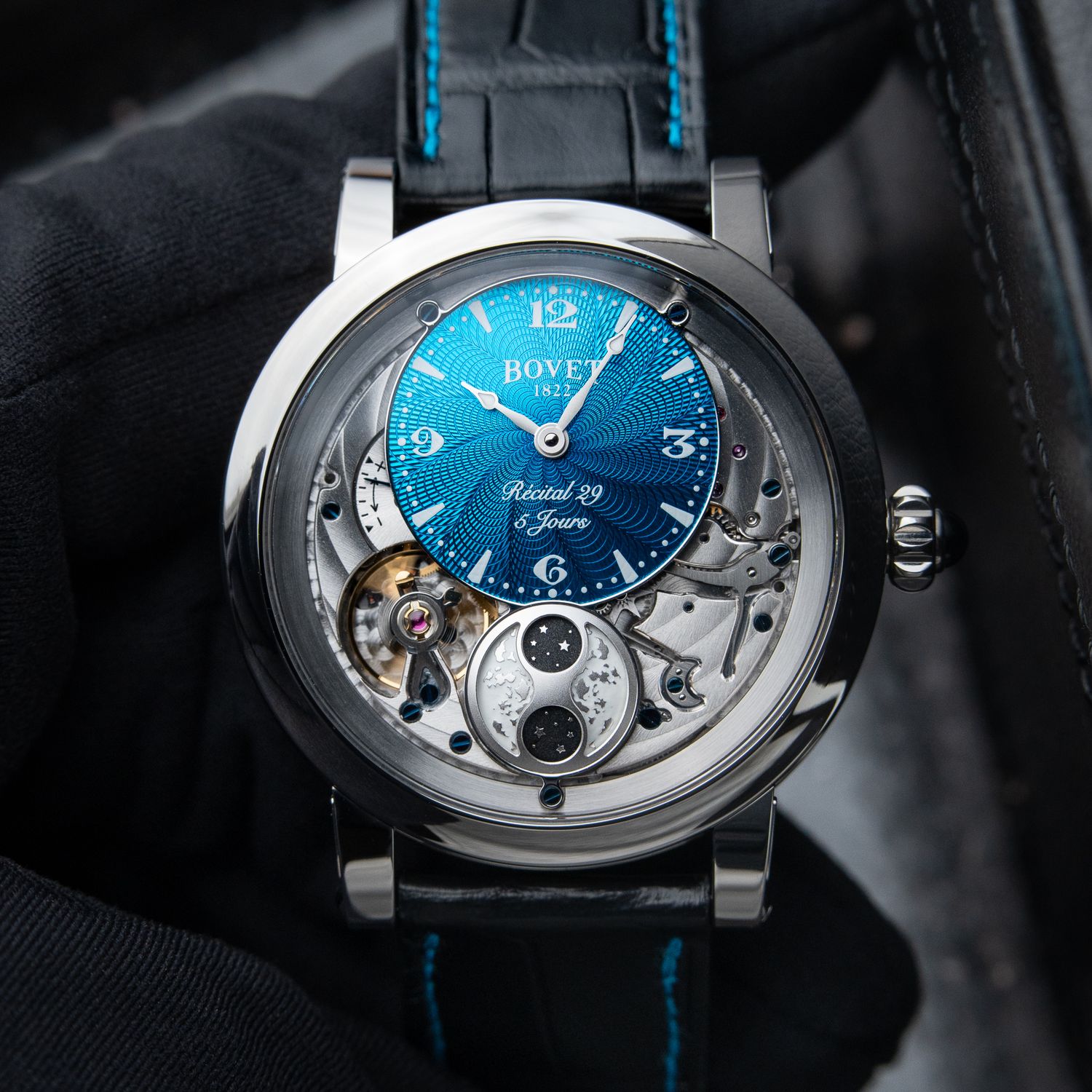 Bovet Dimier Recital 29 UNWORN 7/2025 Turquoise Guilloché Moonphase Leather