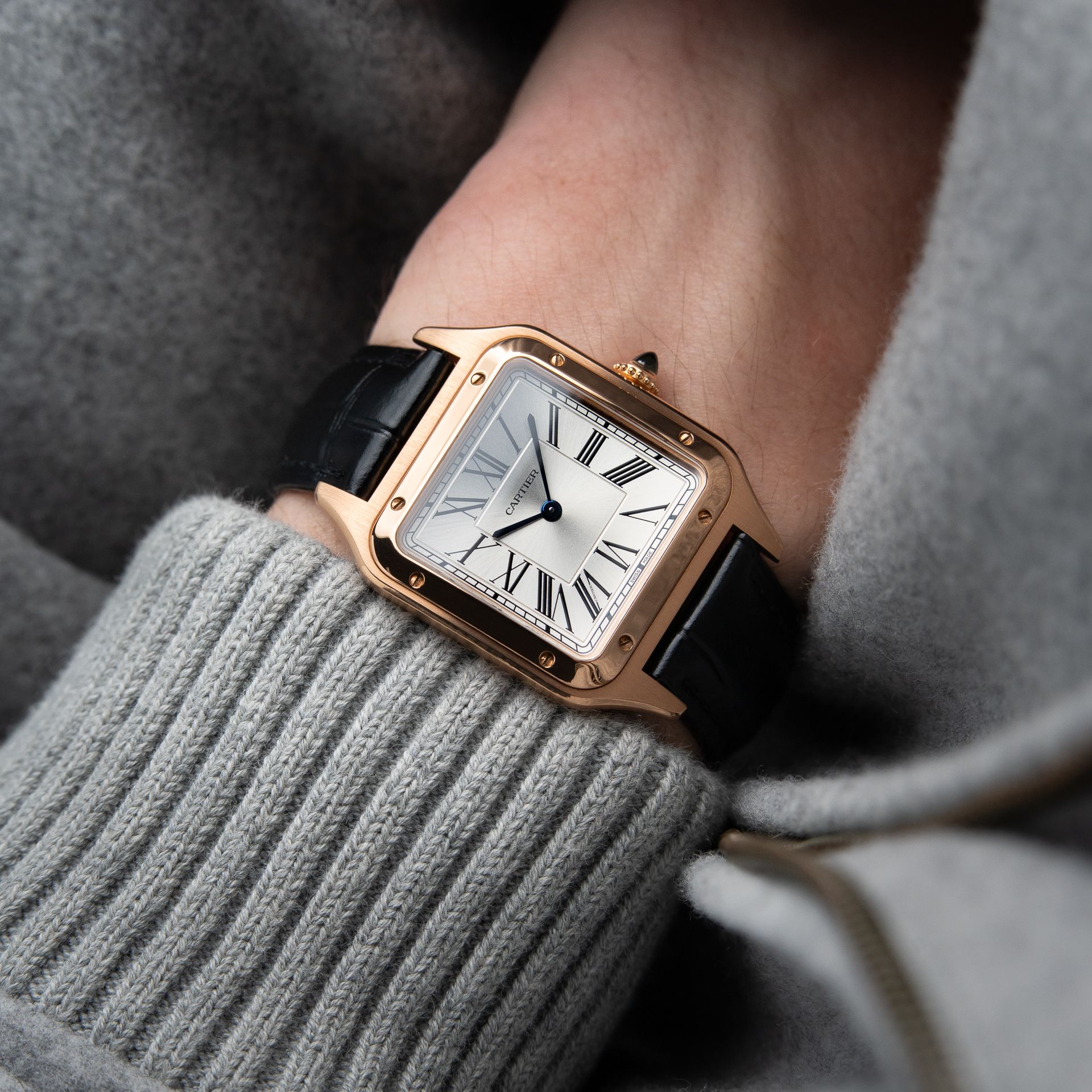 Cartier Santos Dumont Large Model Rose Gold Silver Black Leather Quartz