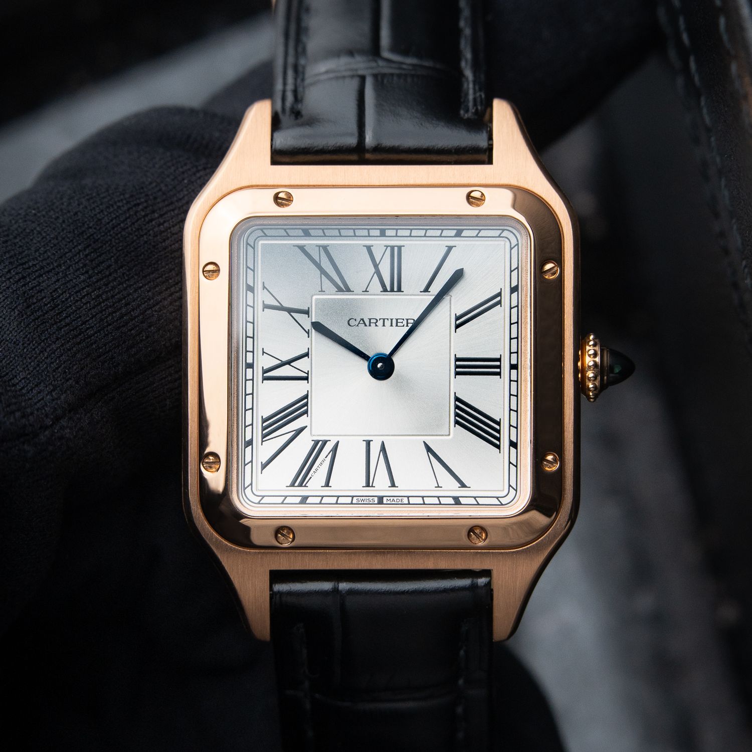 Cartier Santos Dumont Large Model Rose Gold Silver Black Leather Quartz