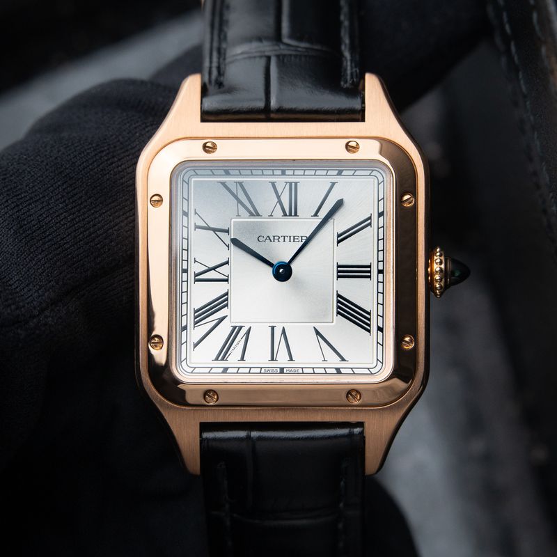 Cartier Santos Dumont Large Model Rose Gold Silver Black Leather Quartz