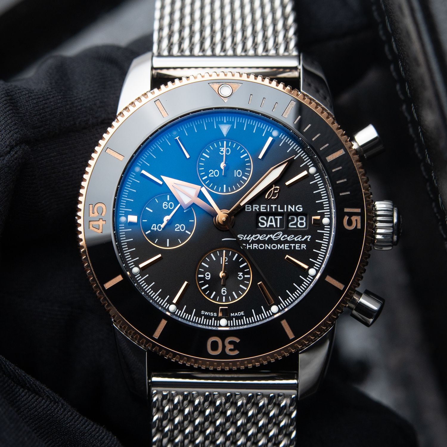 Breitling Superocean Heritage II 44 Chronograph Rose Gold Black Dial Mesh Bracelet