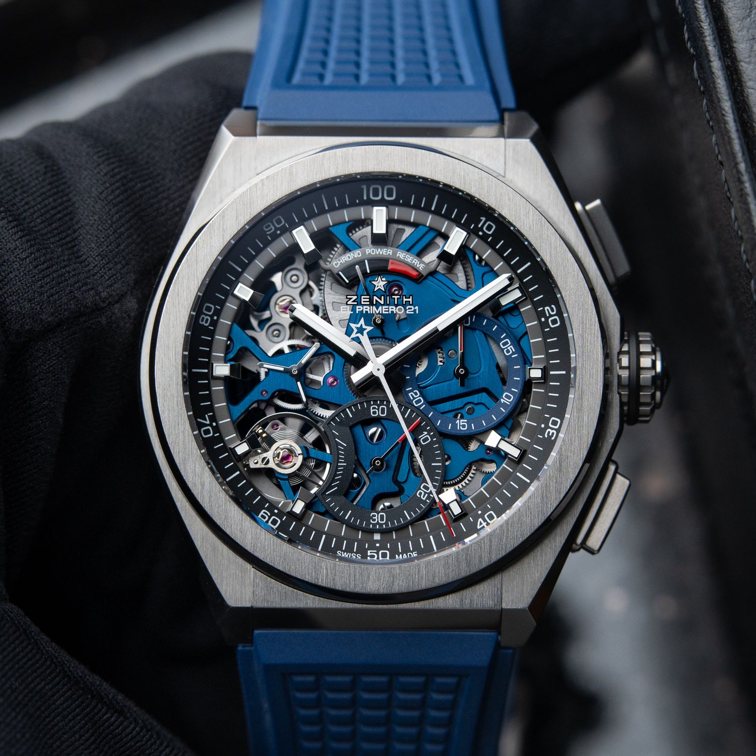 Zenith Defy El Primero 21 1/100th Chronograph Titanium Blue Skeleton Strap