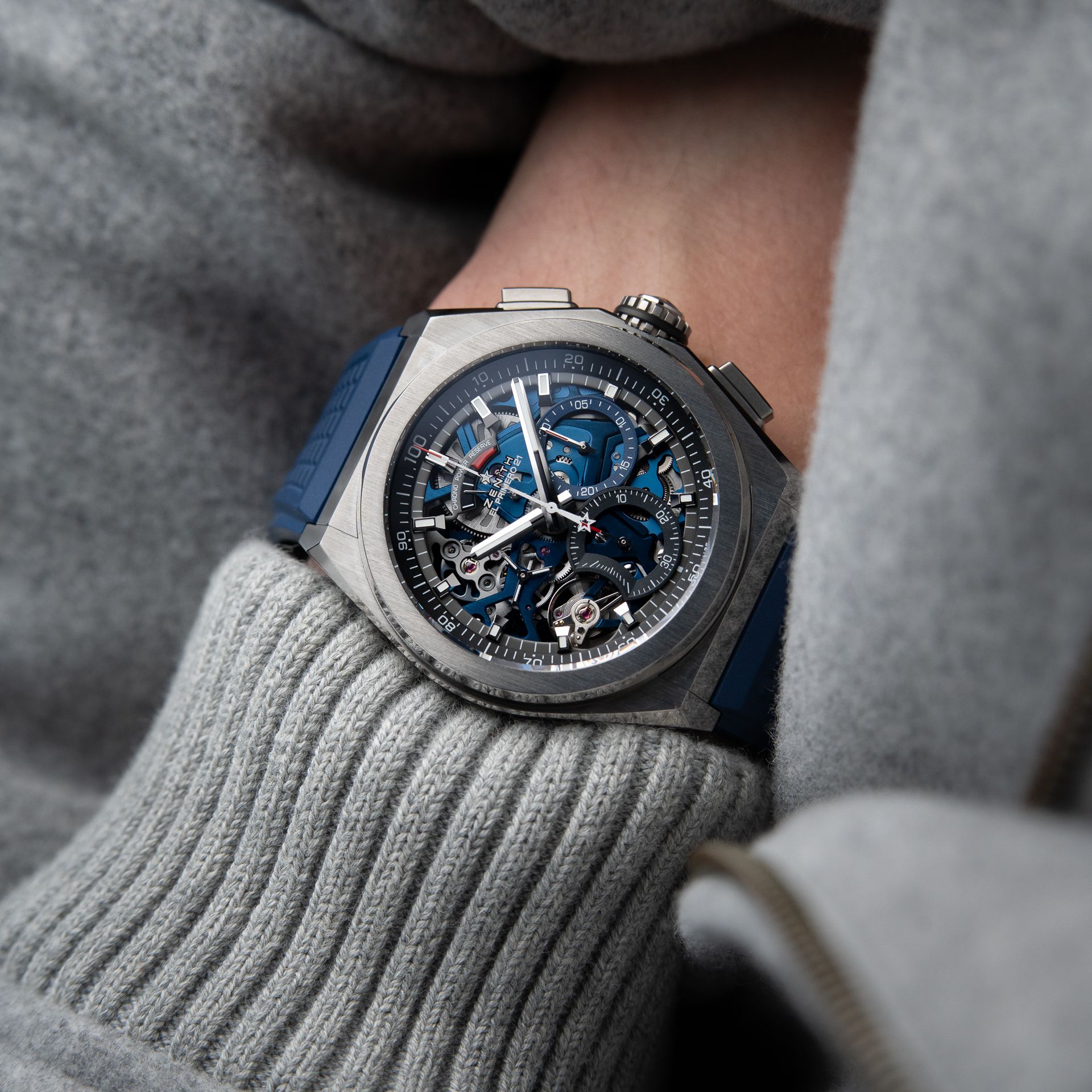Zenith Defy El Primero 21 1/100th Chronograph Titanium Blue Skeleton Strap