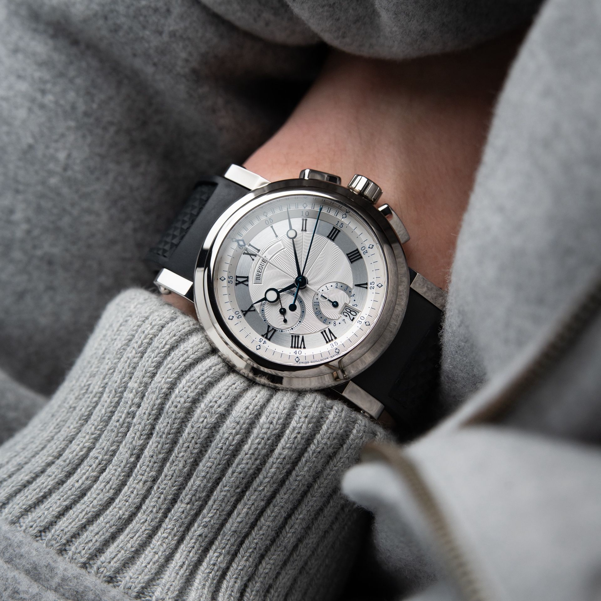 Breguet Marine Chronograph White Gold Silver Guilloche Dial Automatic 42mm