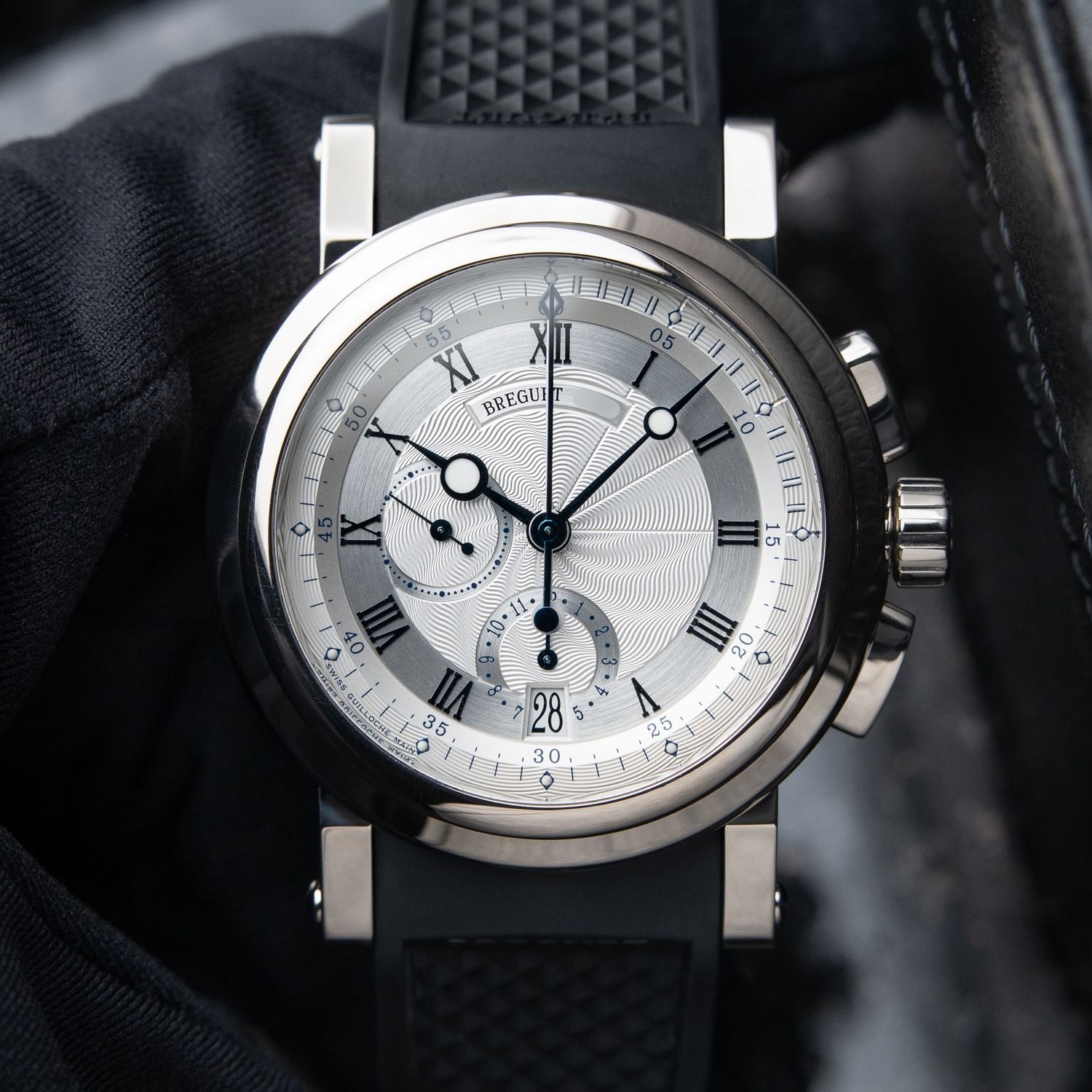 Breguet Marine Chronograph White Gold Silver Guilloche Dial Automatic 42mm
