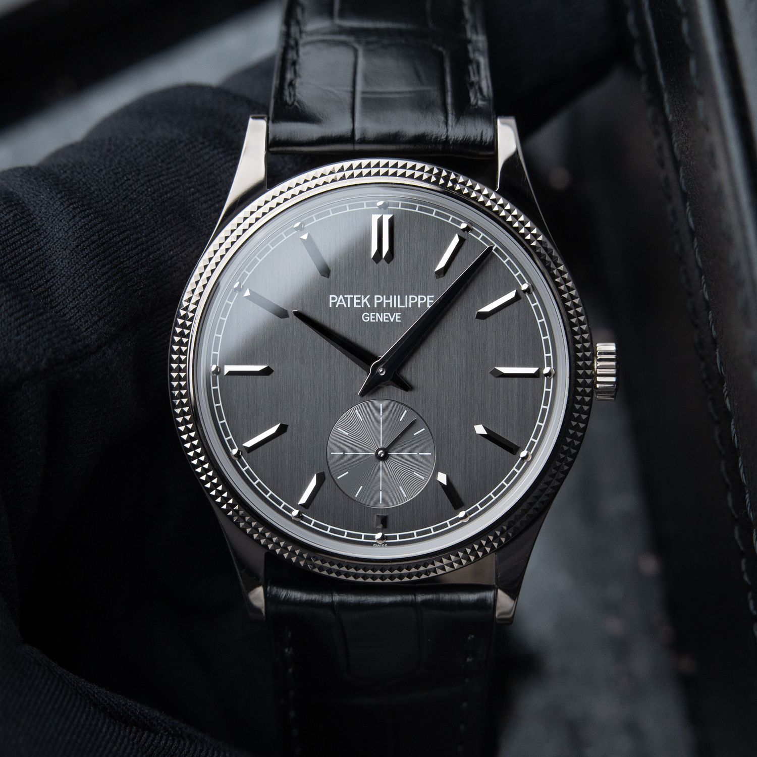 Patek Philippe Calatrava 6119G White Gold Grey Vertical Satin Dial Hobnail Bezel