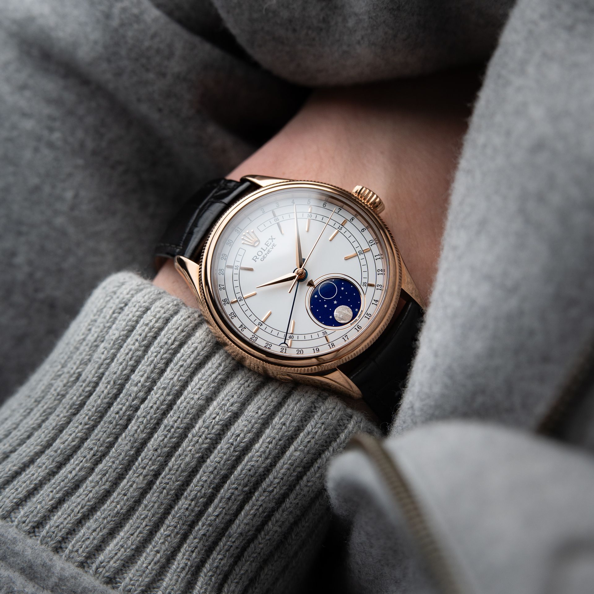 Rolex Cellini 50535 Rose Gold White Dial Moonphase Date Black Leather 39mm