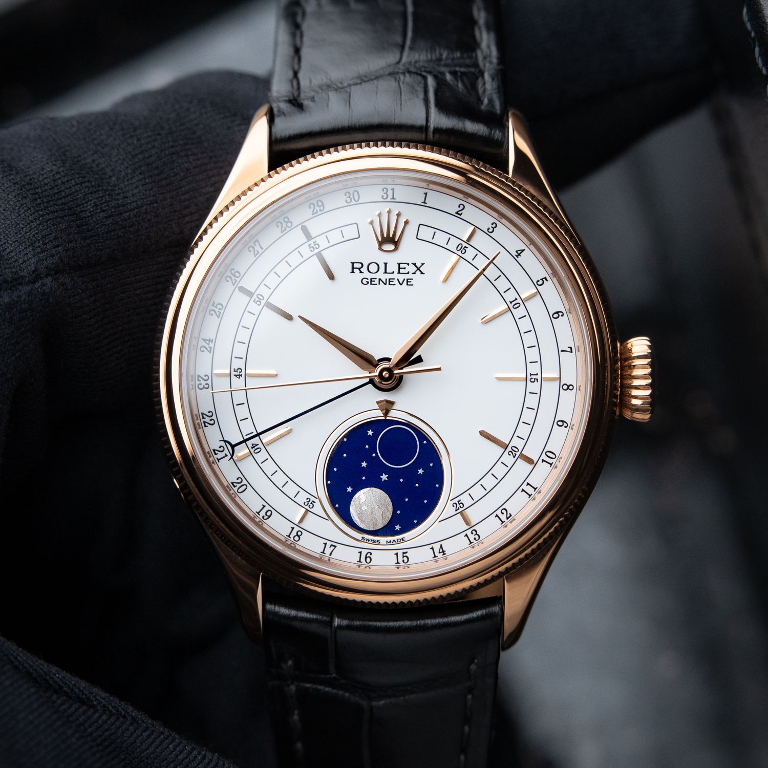 Rolex Cellini 50535 Rose Gold White Dial Moonphase Date Black Leather 39mm Rolex Cellini 50535 Rose Gold White Dial Moonphase Date Black Leather 39mm
