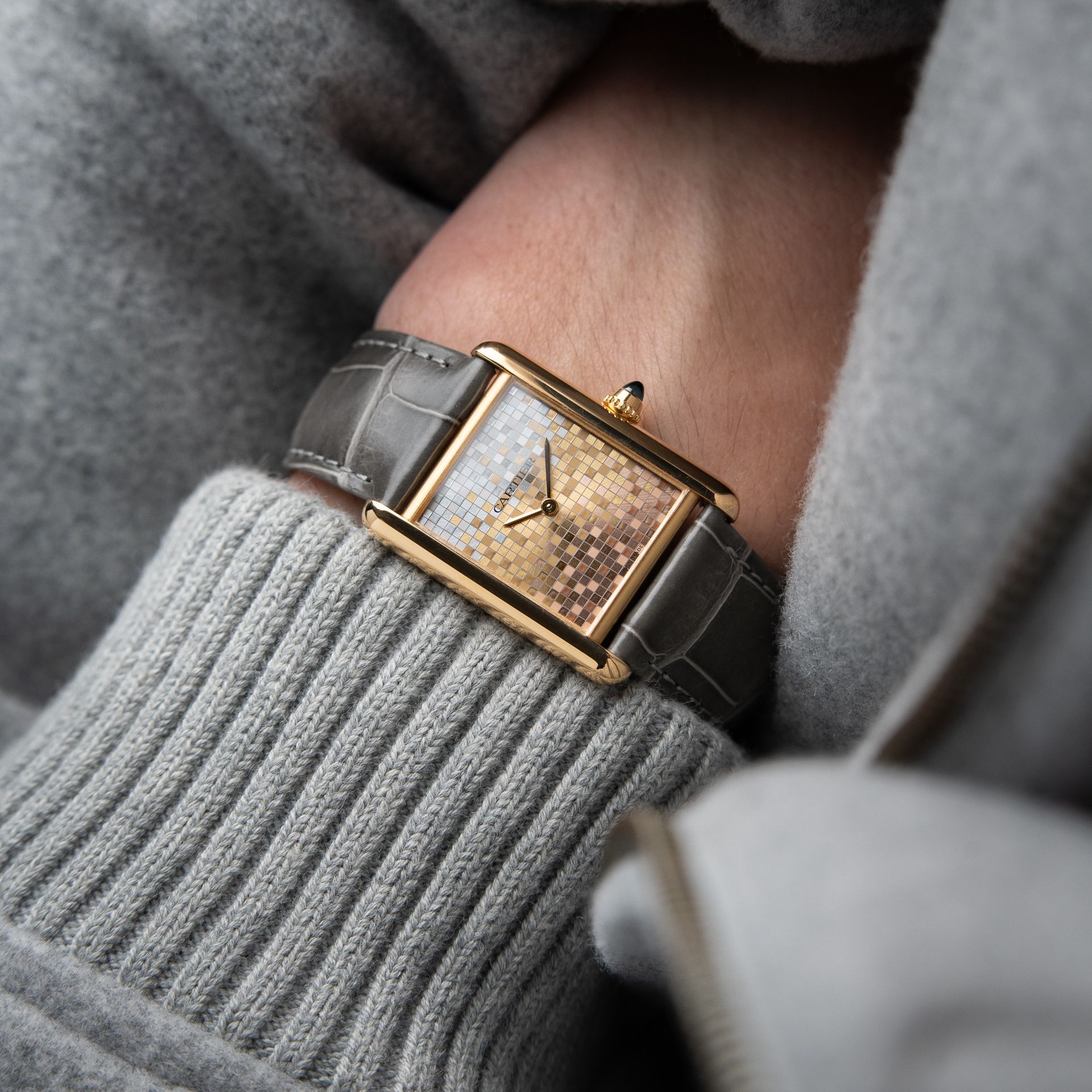 Cartier Tank Louis Cartier RARE Three Gold Mosaic Dial Yellow Gold Leather