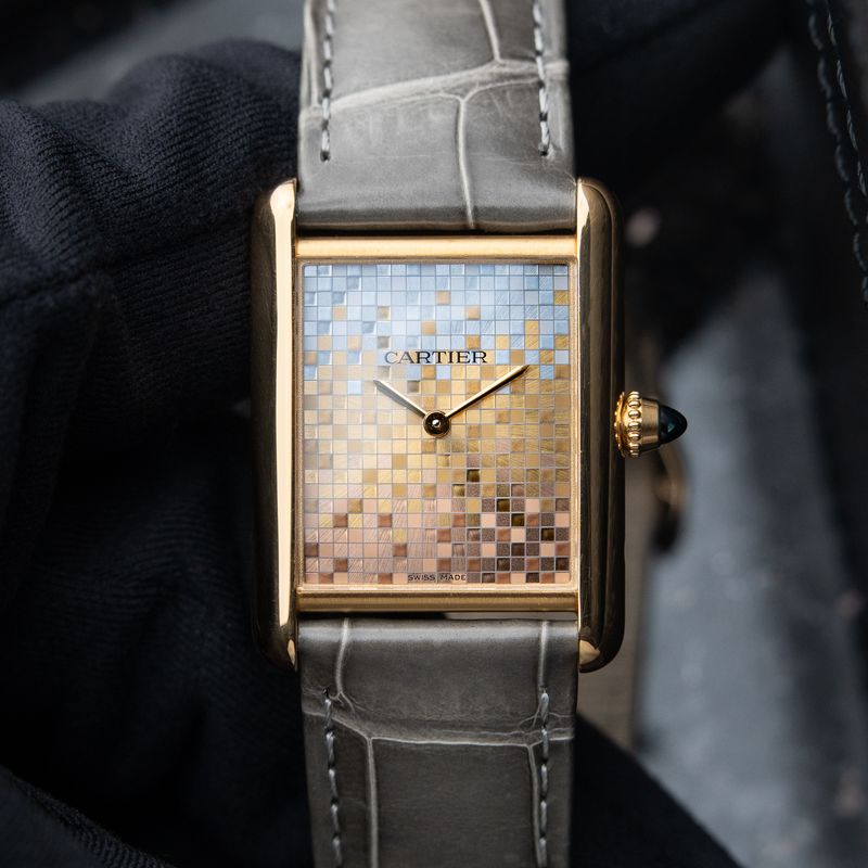Cartier Tank Louis Cartier RARE Three Gold Mosaic Dial Yellow Gold Leather