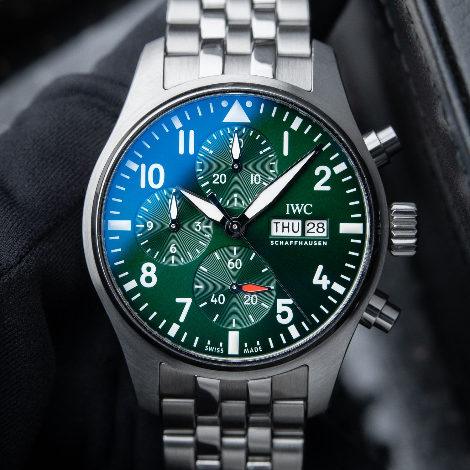 IWC Pilot's Watch Chronograph Day-Date Green Dial Steel Bracelet Automatic