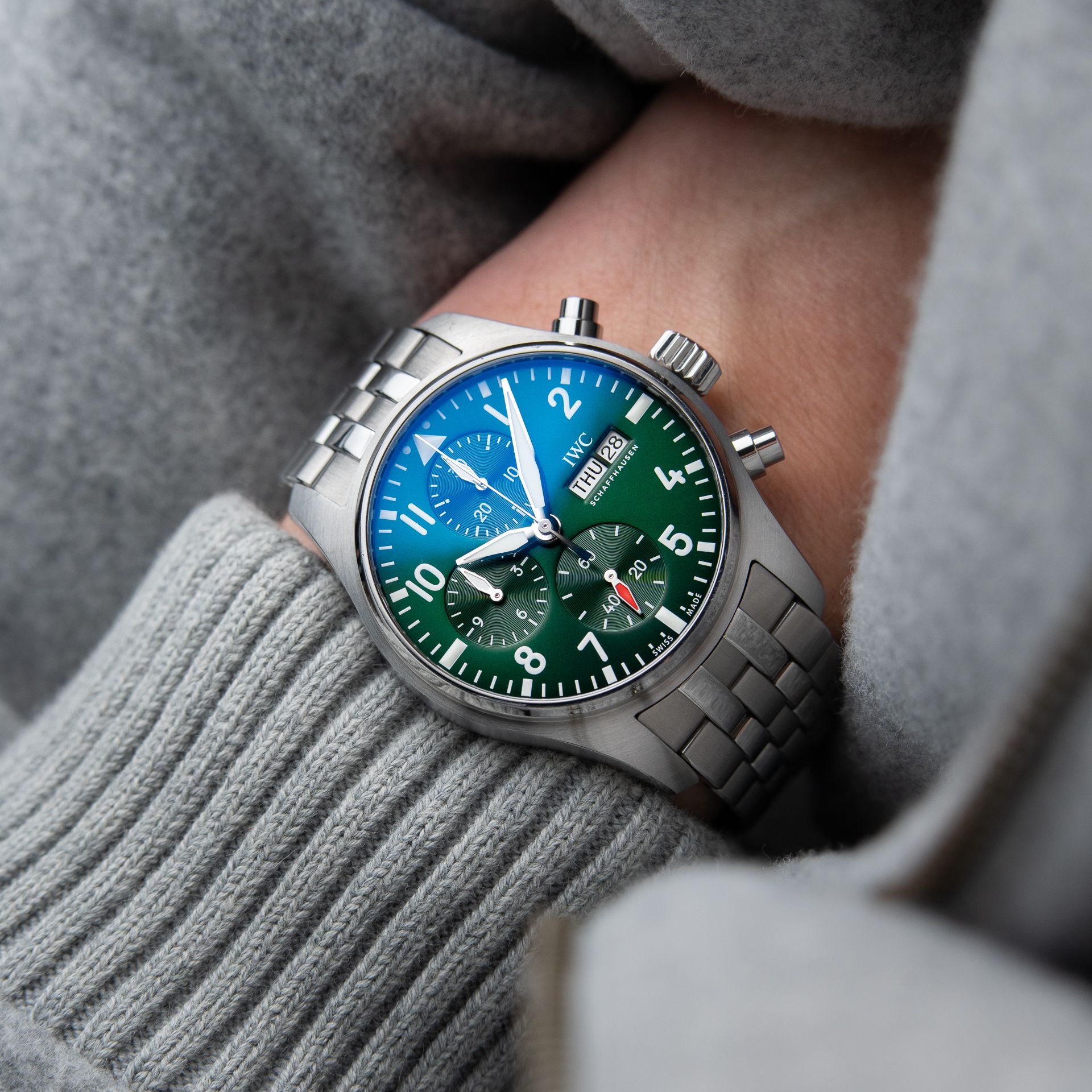 IWC Pilot's Watch Chronograph Day-Date Green Dial Steel Bracelet Automatic