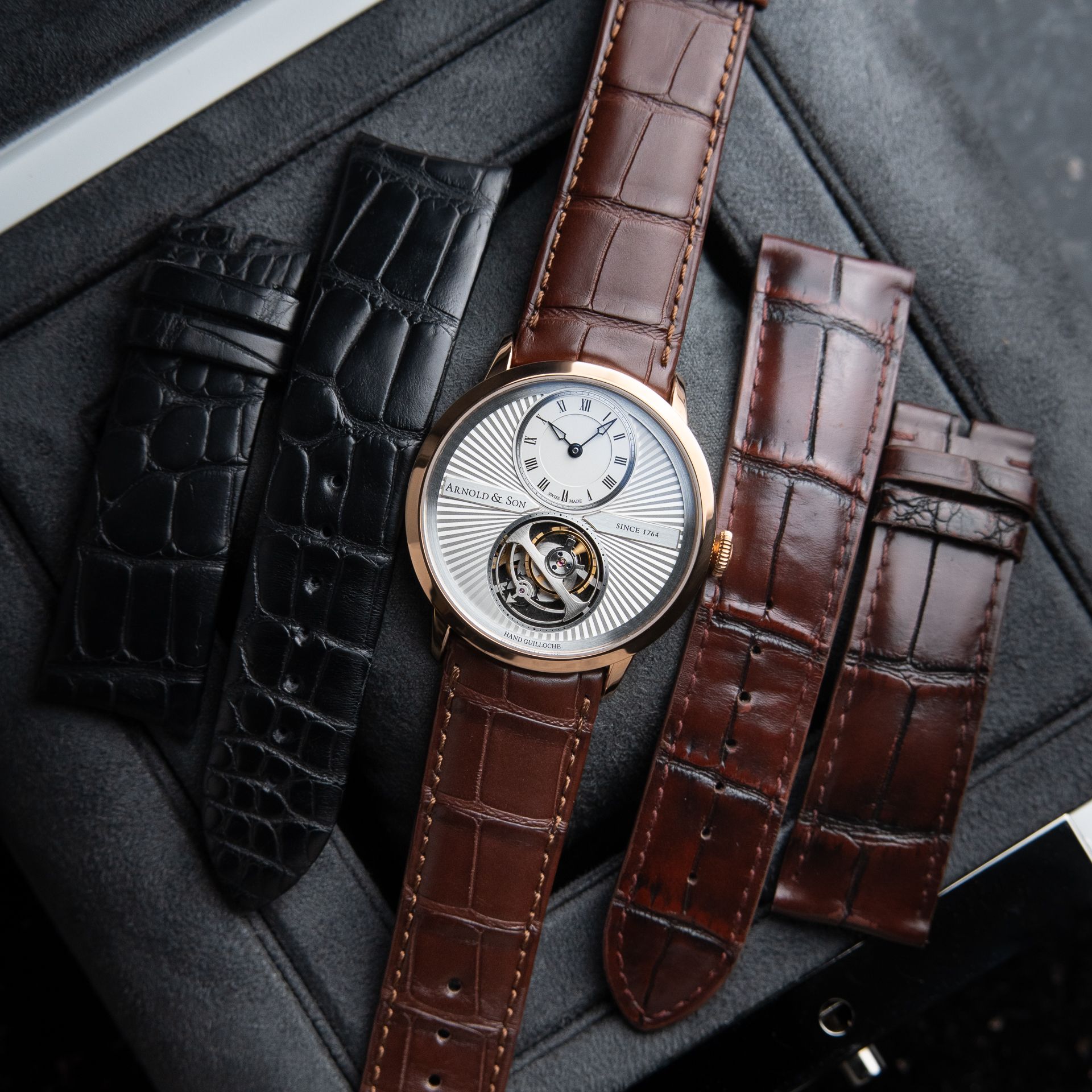 Arnold & Son UTTE Ultra-Thin Tourbillon STRAPS Rose Gold Silver Guilloche