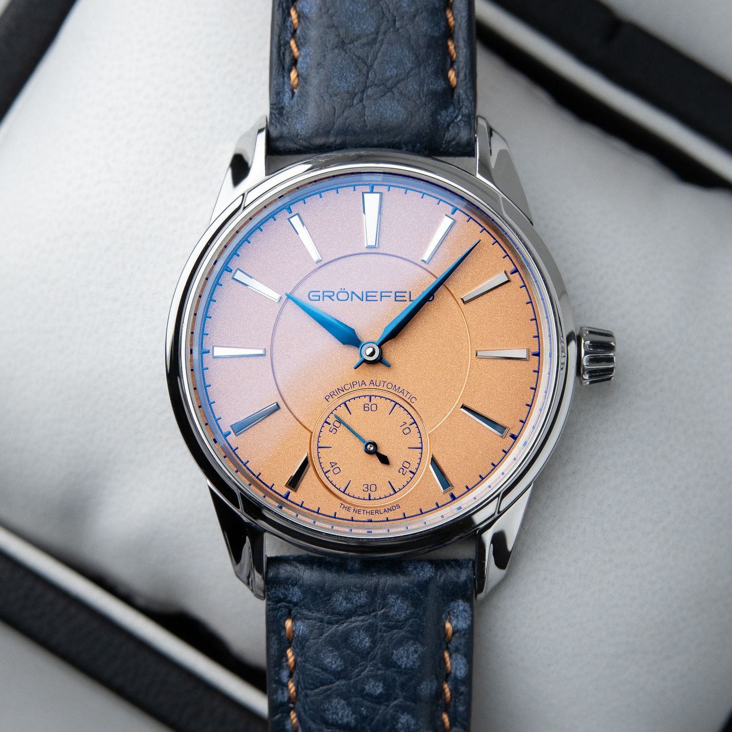 Grönefeld 1941 Principia Automatic Salmon Dial Steel Blue Leather 39.5mm Grönefeld 1941 Principia Automatic Salmon Dial Steel Blue Leather 39.5mm