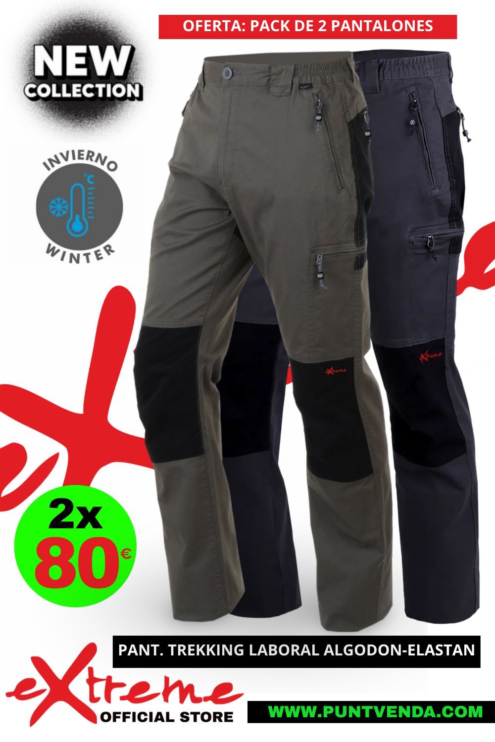 Pack 2 Pantalones Trekking  Extreme invierno - Laboral - Algodon - Elastan - kaki - gris