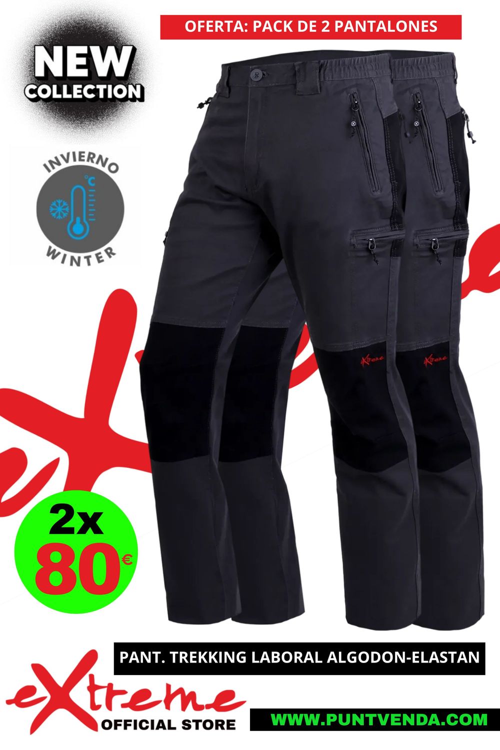 Pack 2 Pantalones Trekking  Extreme invierno - Laboral - Algodon - Elastan -  gris
