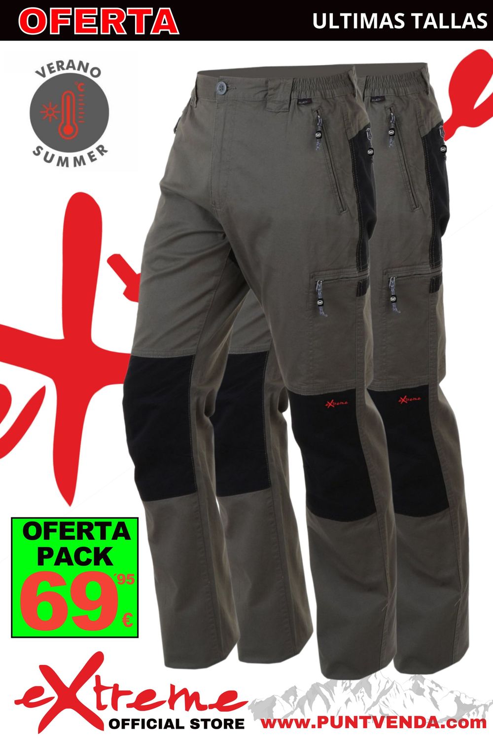Pack 2 Pantalones Trekking - Laboral EXTREME algodon - elastan Primavera-verano - kaki-negro