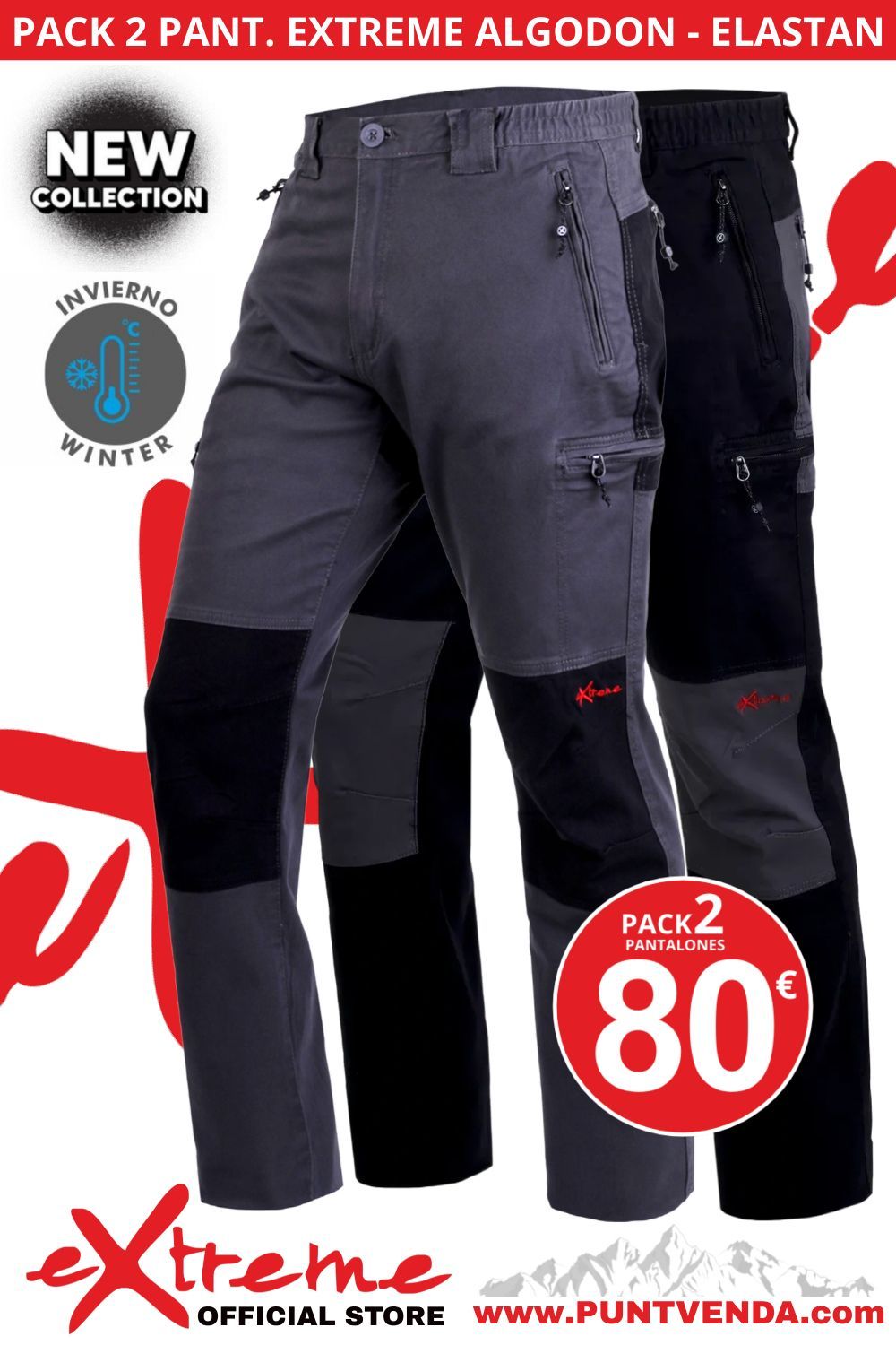 Pack 2 Pantalones Trekking  - Laboral EXTREME algodon - elastan - Gris - Negro - INVIERNO