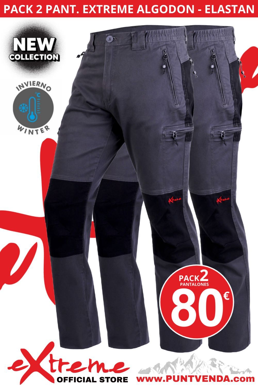 Pack 2 Pantalones Trekking  - Laboral EXTREME algodon - elastan - Gris -Gris - INVIERNO