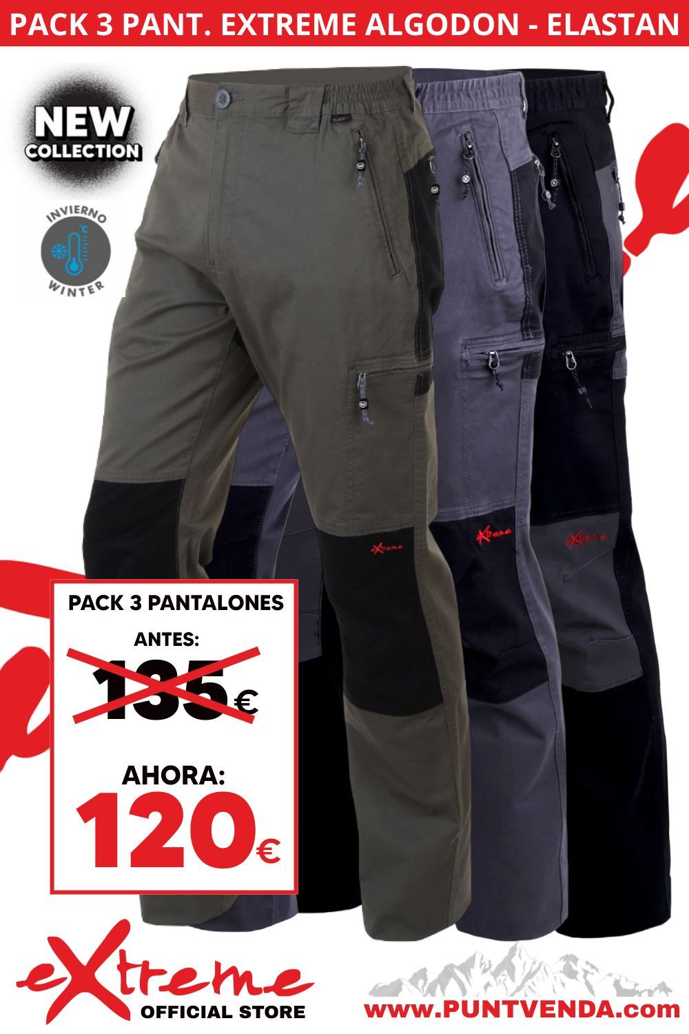 Pack 3 Pantalones Trekking - Laboral EXTREME algodon - elastan - Gris -Negro - Kaki - INVIERNO Pack 3 Pantalones Trekking - Laboral EXTREME algodon - elastan - Gris -Negro - Kaki - INVIERNO