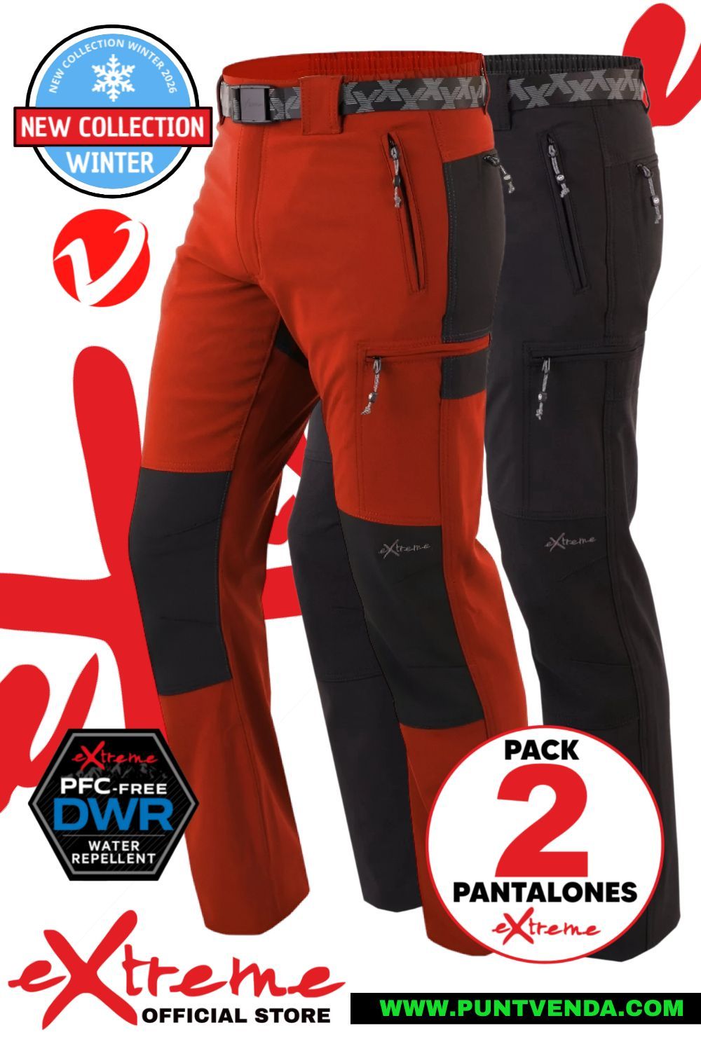 Pack 2 Pantalones Trekking Extreme - Madeira negro -  tierra roja - waterproof - Invierno - Afelpado