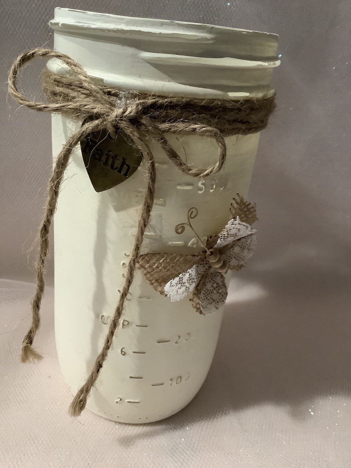 QUART JAR WHITE WITH BUTTERFLY AND CHARM
