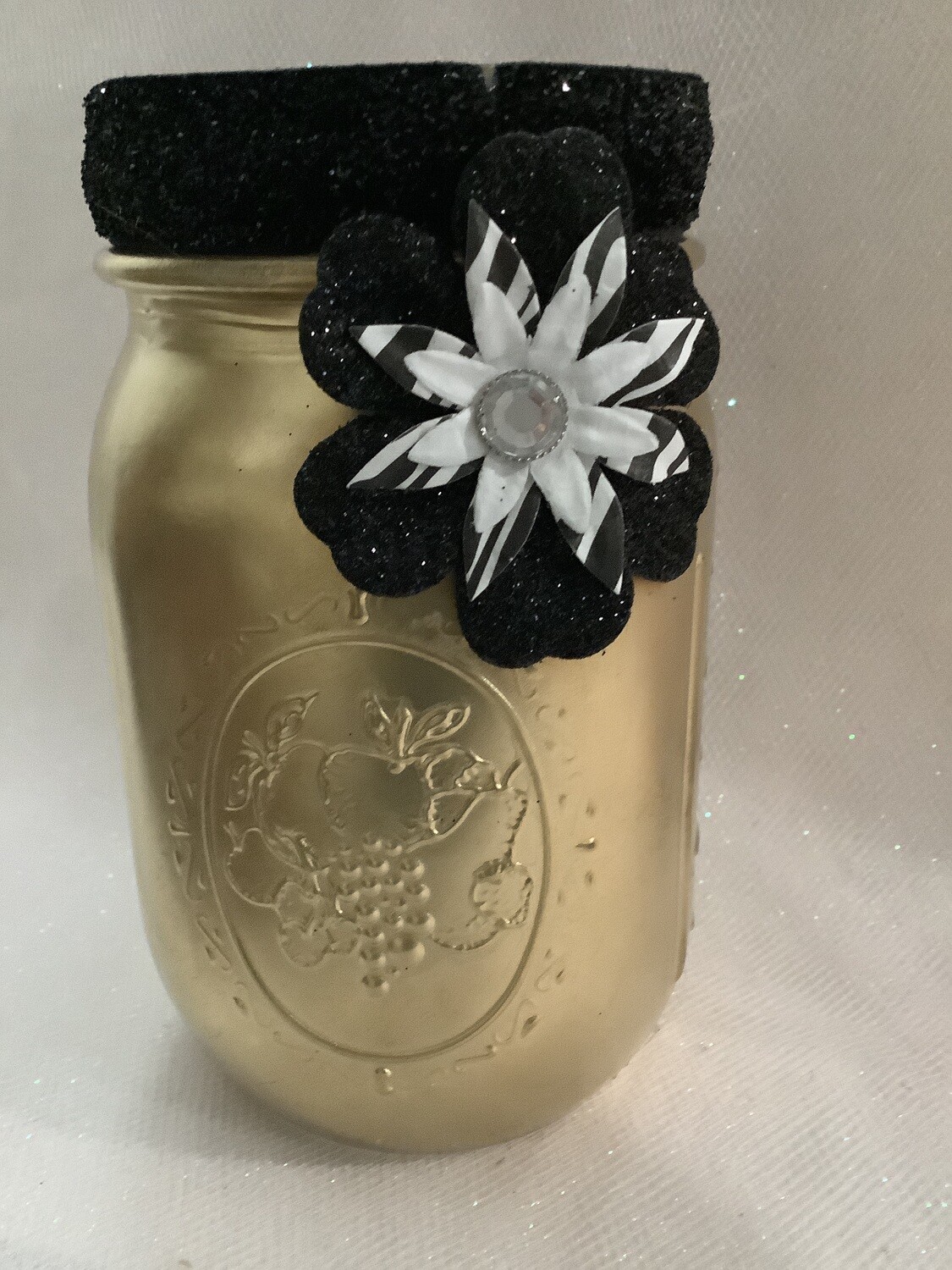 PINT MASON JAR GOLD WITH BLACK FLOWER