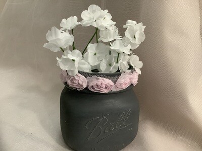 MASON JAR GREY WITH FLOWERS AND LACE