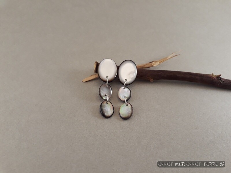 Clip boucles d&#39;oreilles 3 ovales nacre grise