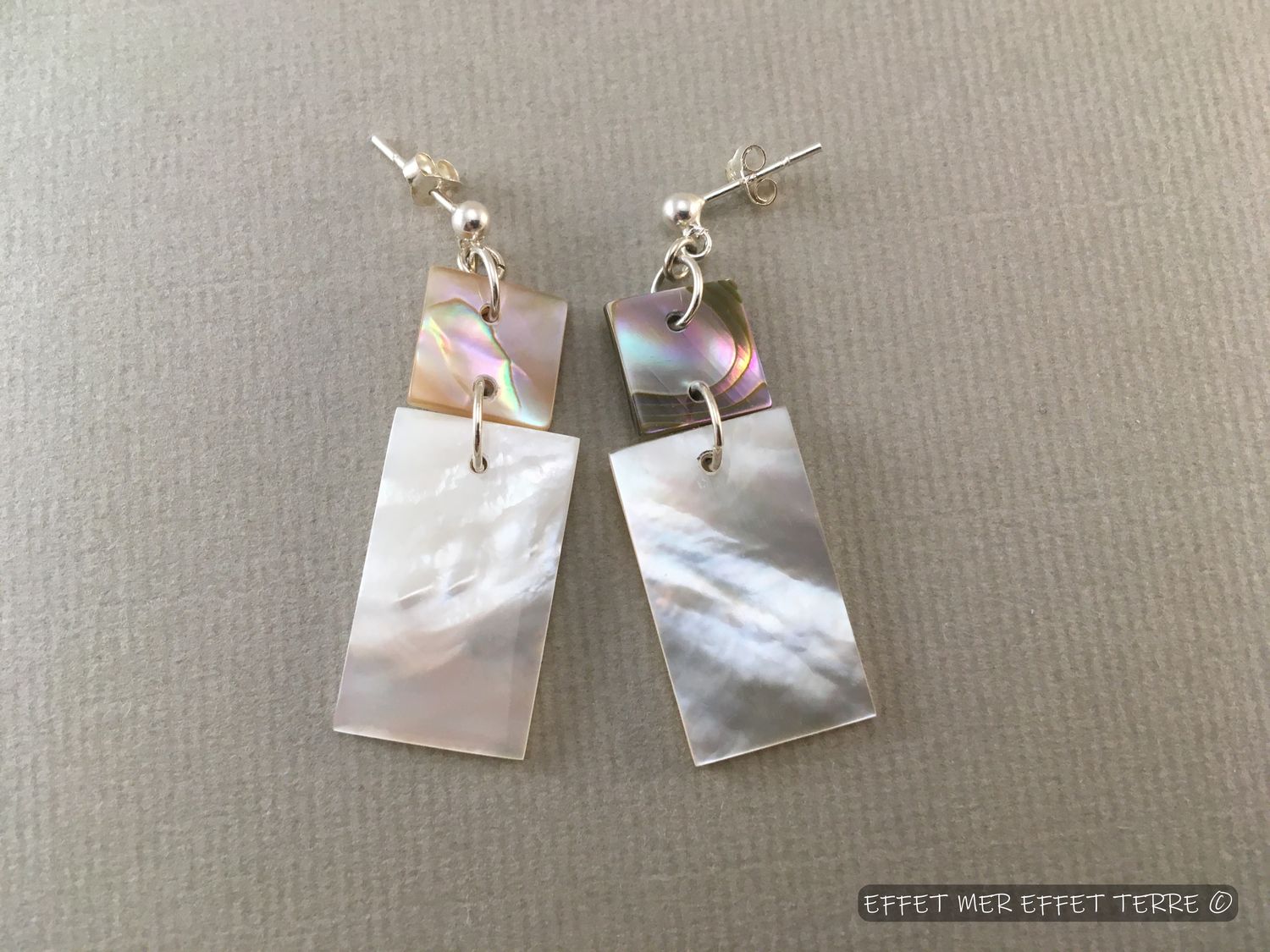 Boucles d&#39;oreilles carré haliotide et rectangle nacre blanche