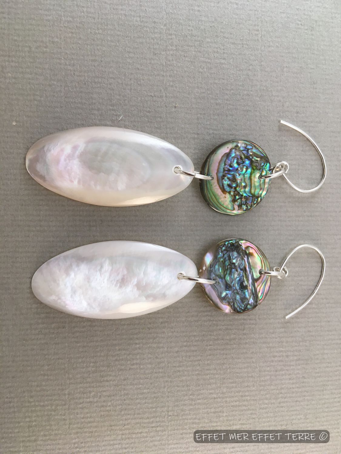Boucles d&#39;oreilles nacre blanche allongée et pion haliotide