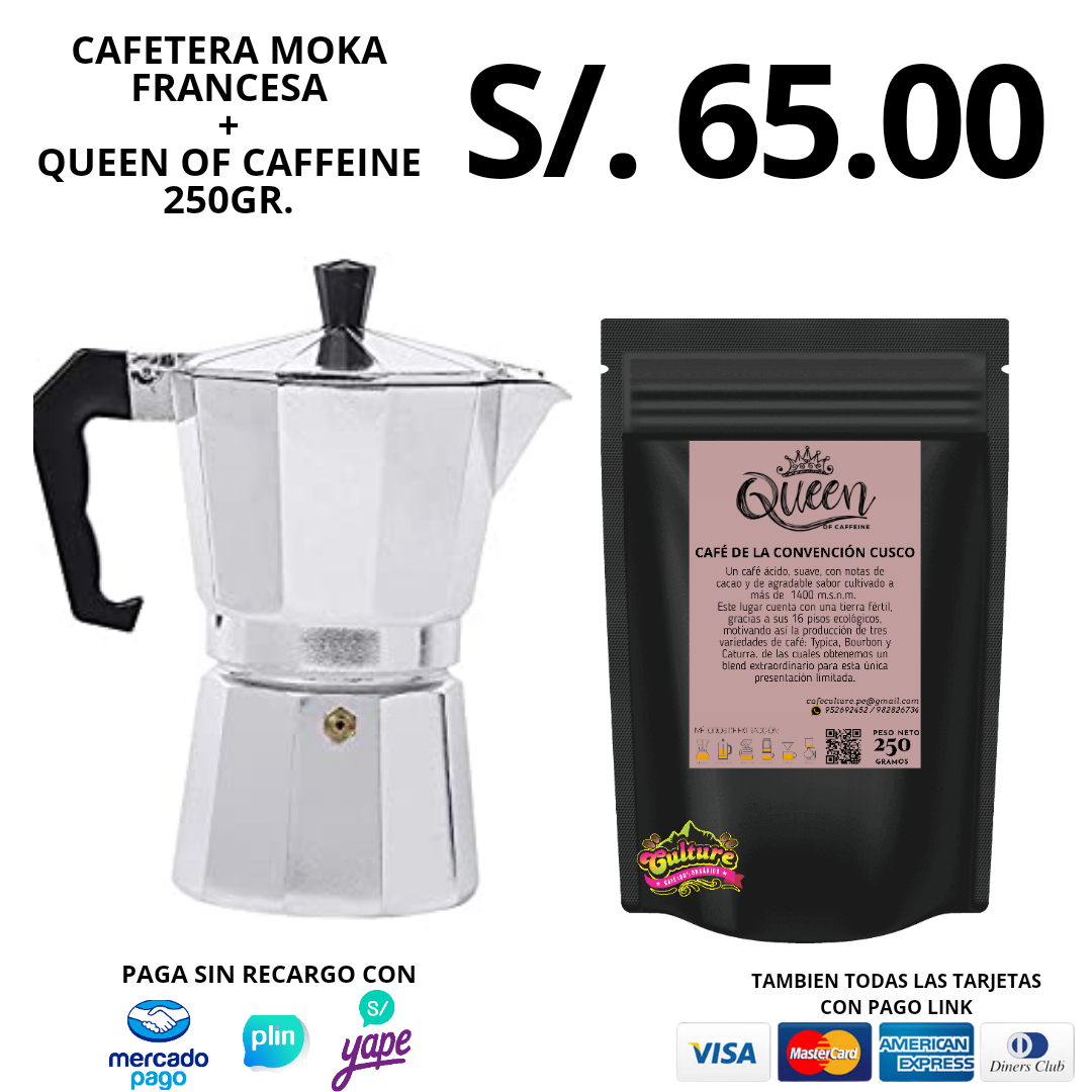 Cafetera Moka Italiana + café Queen of caffeine