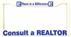 LICENSE PLATE FRAME WHITE W/BLUE PRINT