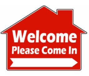 WELCOME PLEASE COME IN HOUSE SHAPE W/ ARROW  Red