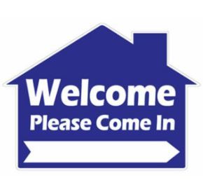 WELCOME PLEASE COME IN HOUSE SHAPE W/ ARROW Blue