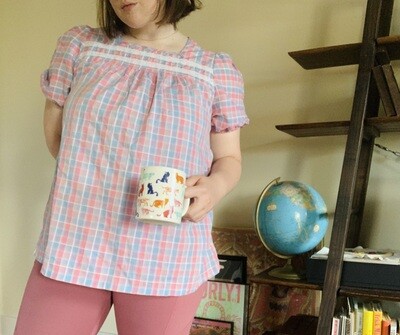 Pink & Blue Puff Sleeve Plaid Top // Farm Girl Summer Shirt M/L